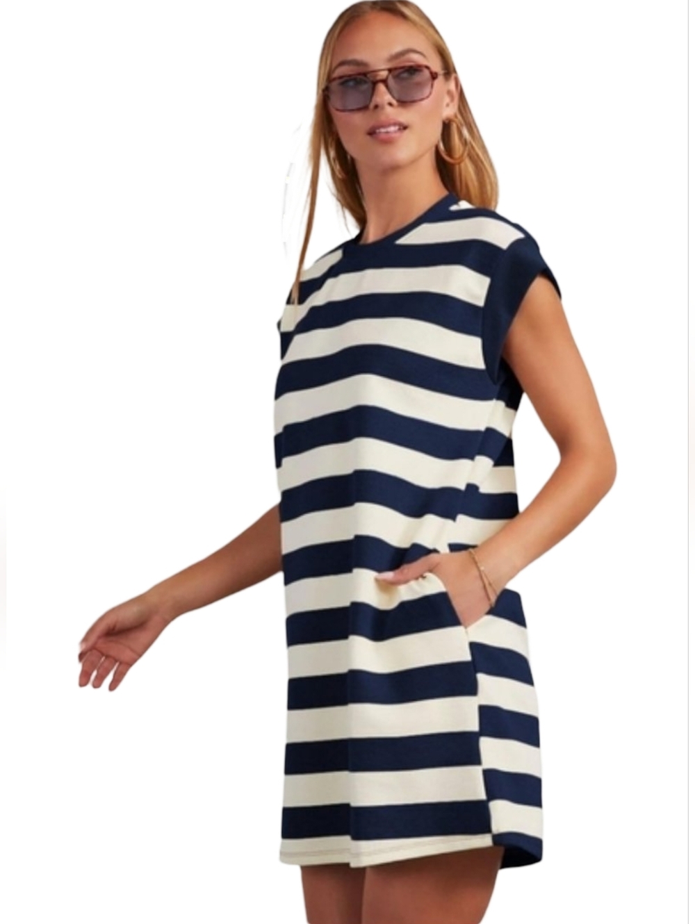 Crewneck A Line Navy & White Striped Summer T-shirt Dress Mini W Pockets NWOT - Picture 4 of 12